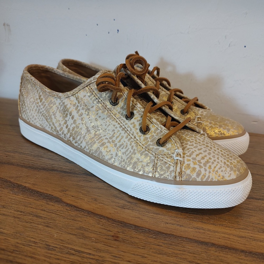 Sperry Top Sider Women Gold Animal Print Snake 9.5 Gold Leather Laces Slip On